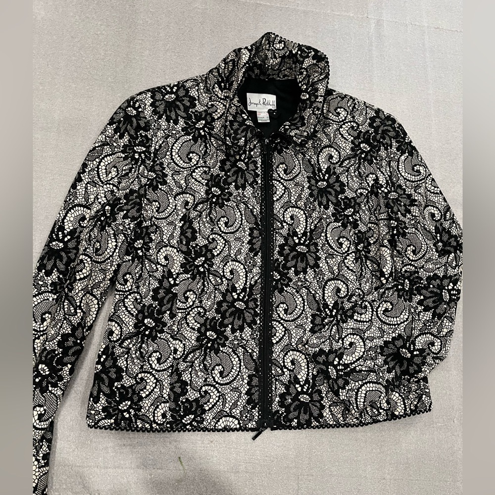 [US16/PTP20”]Joseph Ribkoff Black White Sequins Lace Print WMN Full Zip Jacket